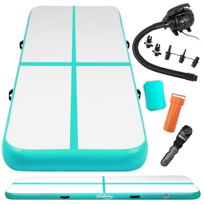 Physionics® Tapis de Gymnastique Gonflable - 600/100/10 cm, Pompe à Air, Vert - Airtrack, Tumbling, Tapis de Sol, Piste de Yoga