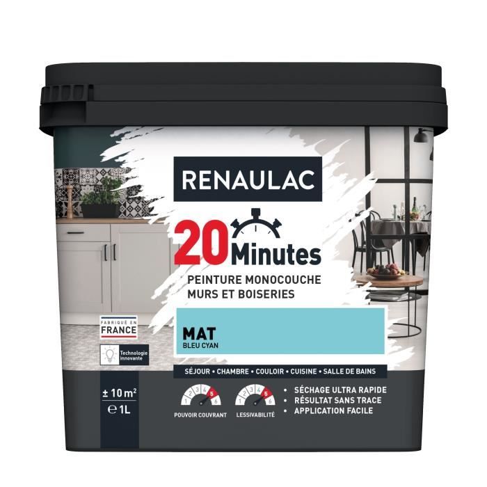 RENAULAC Peinture intérieur monocouche 20 Minutes murs et boiseries - 1L - 10 m² - Bleu cyan Mat