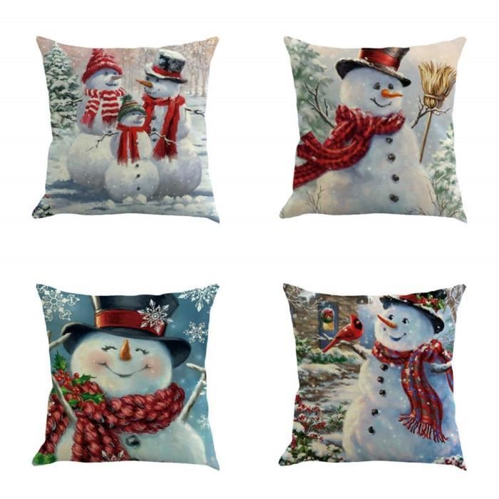D 4PCS Taie d'oreiller Noël série Bonhomme de neige,Coton Doux en Lin Couvre-Lit Taie d'oreiller Canap¨&