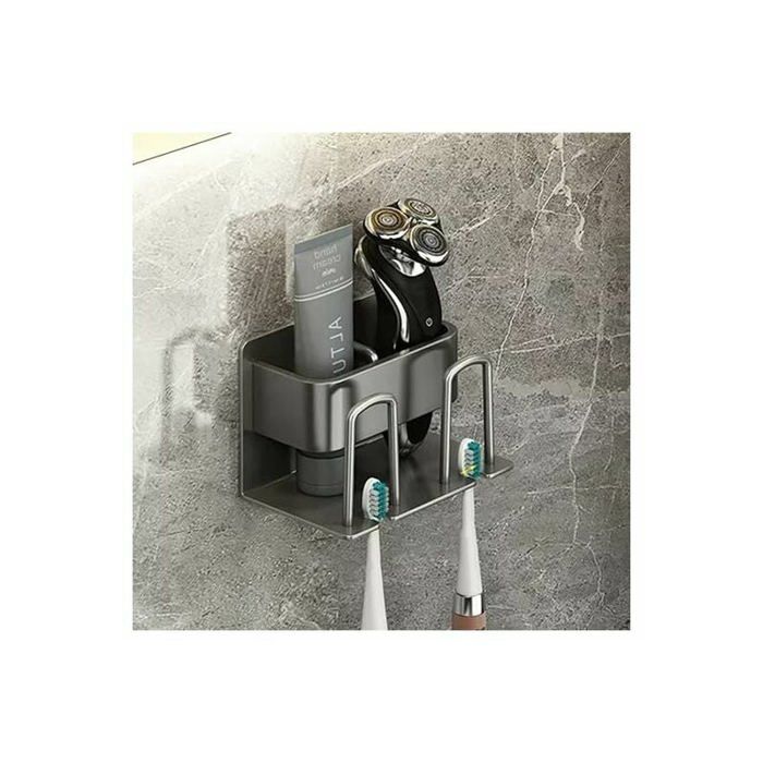 Wekity Support Brosses à Dents Mural Multifonction,Enfants et Adultes 2 Distributeurs Automatiques de Dentifrice, 5 Fentes pour Brosses à Dents et 4 Tasses,Boîte de Rangement avec Accessoires(Gris