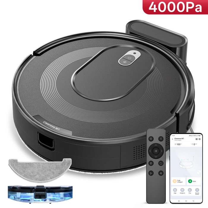 Vactidy Cleanova W7- 4000 Pa Aspirateur Robot Laveur 3 en 1- 120min dAutonomie - Connecté Alexa / APP / IFTTT - Ultra Silencieux 55 dB - Vactidy france