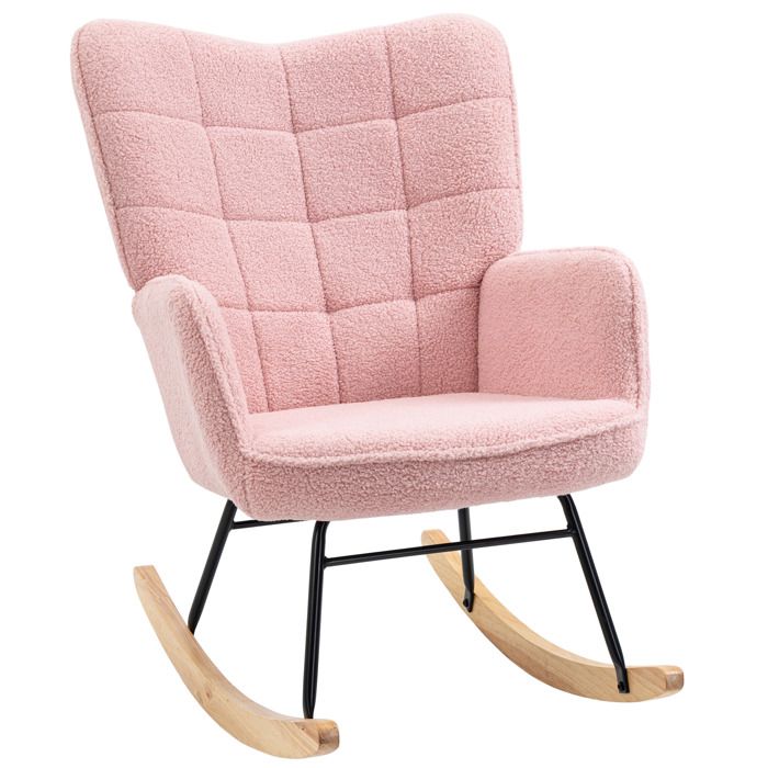 Fauteuil à bascule - HOMCOM - revêtement effet laine bouclée - structure en acier - pieds en bois massif - rose