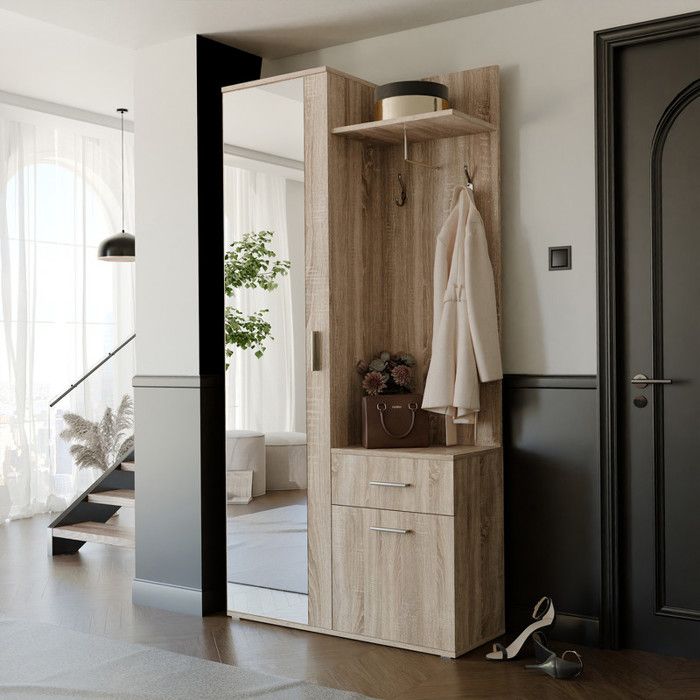 Vestiaire D'entrée Avec Banc Et Miroir - 104x39x190cm Rangement Chaussures Et Manteaux