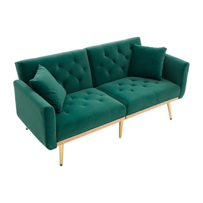 Canapé 2 places velours émeraude dossier réglable convertible en lit avec coussins rembourrés et pieds métal pour petit espace