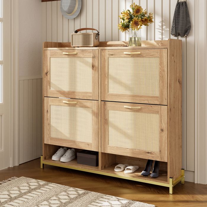 Meuble a chaussures 108x24x100 cm avec 4 portes Armoire à chaussures avec cadre métallique Meuble entree en aspect bois