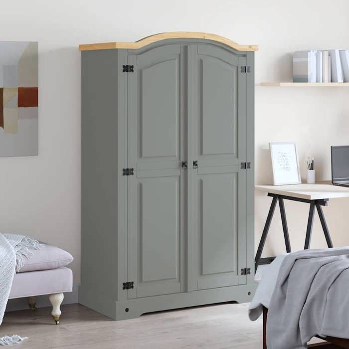 Gris Garde-robe CLARENCE Armoire penderie Pour chambre avec 2 portes Gamme Corona pin mexicain Gris LV1338