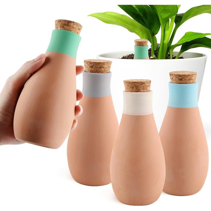 Lot de 4 Grands Pieux Darrosage des Plantes 400 ML Auto-arrosantes en Terre Cuite Convient aux Plantes dIntérieur et aux Label