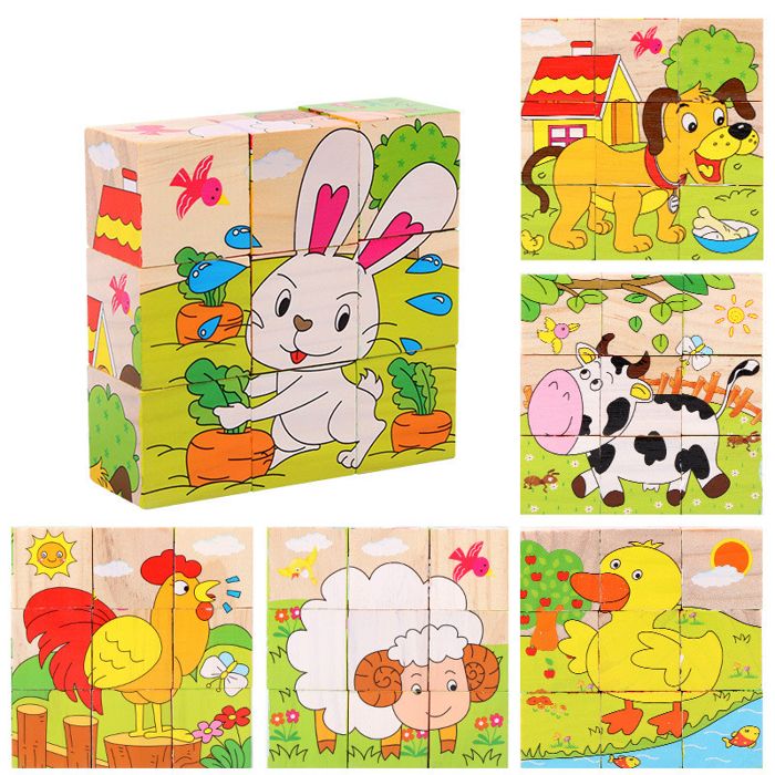 Blocs en bois pour bébésjouets pour enfantsCube à Six côtésjeu de puzzlejouets éducatifs dapprentissage précoce-Farm animals