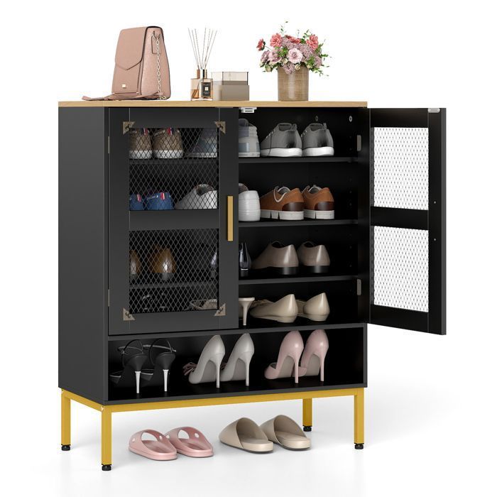 COSTWAY Meuble a Chaussure à 5 Niveaux - Portes en Maille 3 Étagères Réglables Pieds en Métal pour Entrée Couloir Salon Noir COSTWAY Meuble a Chaussure à 5 Niveaux - Portes en Maille 3 Étagères Réglables Pieds en Métal pour Entrée Couloir Salon Noir