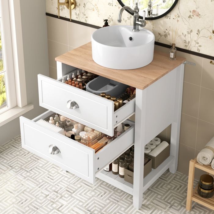 Meuble Salle de Bain avec Lavabo Rond Céramique Armoire de Rangement avec 2 Tiroirs et Compartiment de Rangement Ouvert