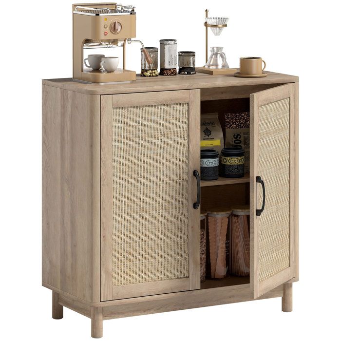 Buffet - HOMCOM - 2 portes en rotin étagère réglable et bords arrondis - panneau de particules - 76 x 35 x 755 cm - chêne