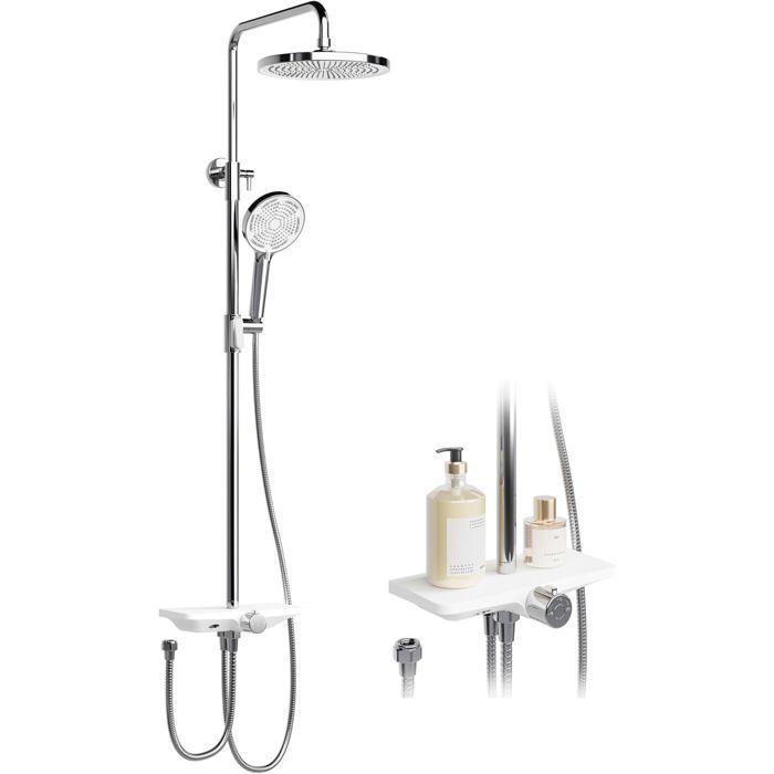 Système de douche complet - LUNSY - Douche de tête effet pluie 25 cm - Colonne réglable 98-130 cm - Douchette 3 jets