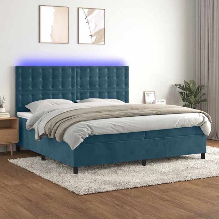 Lit avec sommier à lattes et LED - vidaXL - 200x200 cm - Bleu foncé - Velours - Matelas à ressorts ensachés