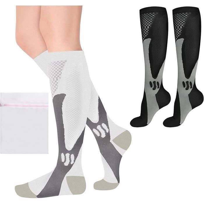Chaussettes de Compression pour Femmes et Hommes 2 Paires 15-20 mmHg Bas de Contention Chaussettes de Noir blanc L (40-46)