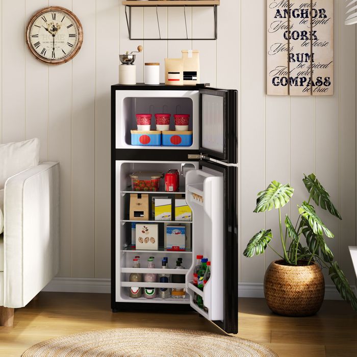 Mini Réfrigérateur VIVRYN 92 L avec congélateur 28 L porte en verre LED inox noir 42.5 x 42.5 x 102 cm