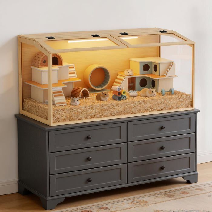 Cage à hamster en bois avec vitre en verre trempé et trous de ventilation - 100 x 50 x 50 cm - Pour gerbilles et cochons dInde