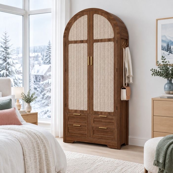 Armoire de chambre EVRYAE 80 x 50 x 179 cm avec portes arrondies rotin penderie et 4 tiroirs MDF noyer