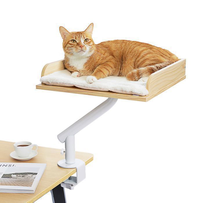 PAWZ Road Lit pour Chat de Bureau en Bois Panier Pivotant À 360° Réglable en Hauteur Support Jusquà 23 Kg Beige