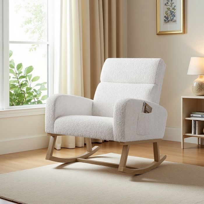 Chaise à bascule avec pieds en bois fauteuils allaitement pour salon rocking chair scandinave avec 2 poches velours teddy blanc