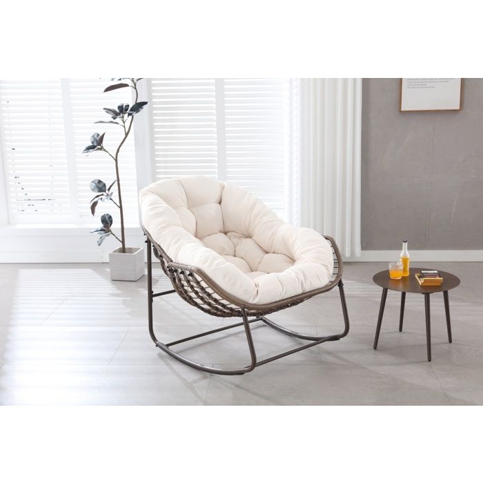 MEUBLIV Fauteuil à bascule de jardin oversize en résine tressée coussin épais acier blanc 106 x 90 x 78 cm