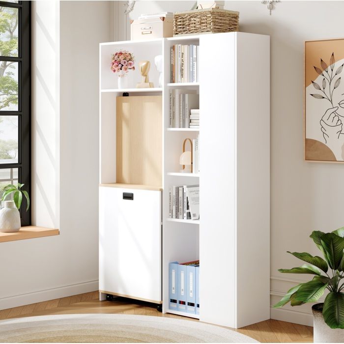 Étagère Bureau Pliable 2-en-1 avec Prise et USB - TCQPZ - Anti-Basculement en MDF Blanc Chêne 104 5 × 30 5 × 160 cm