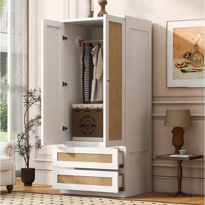 Armoire de Chambre 2 Portes et 2 Tiroirs avec Penderie Décor Effet Rotin - ELVMI - Laqué Bois Blanc 70×55×170 cm