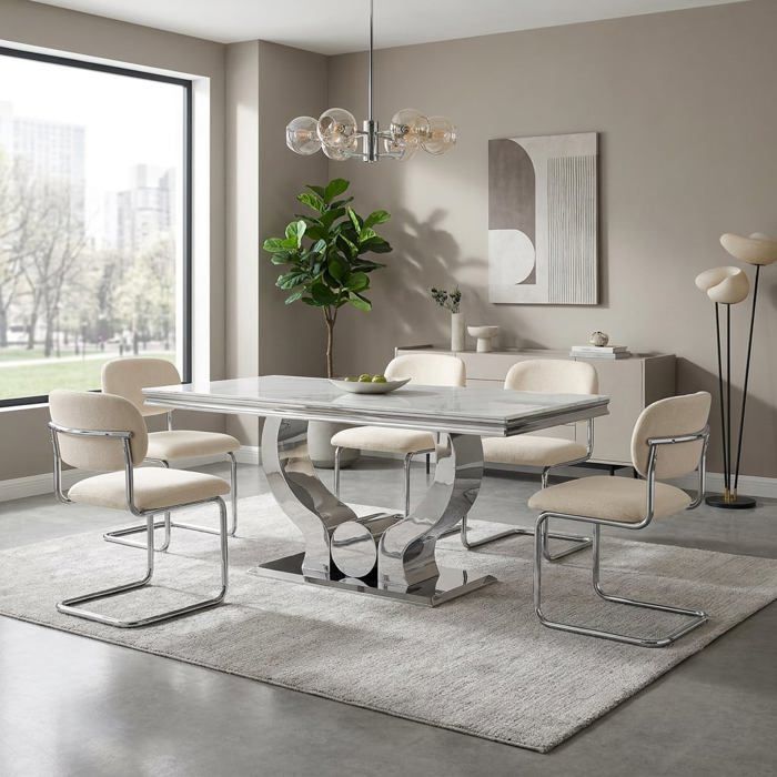 Lot de 4 chaises salle à manger tissu beige pied chrome - ARC
