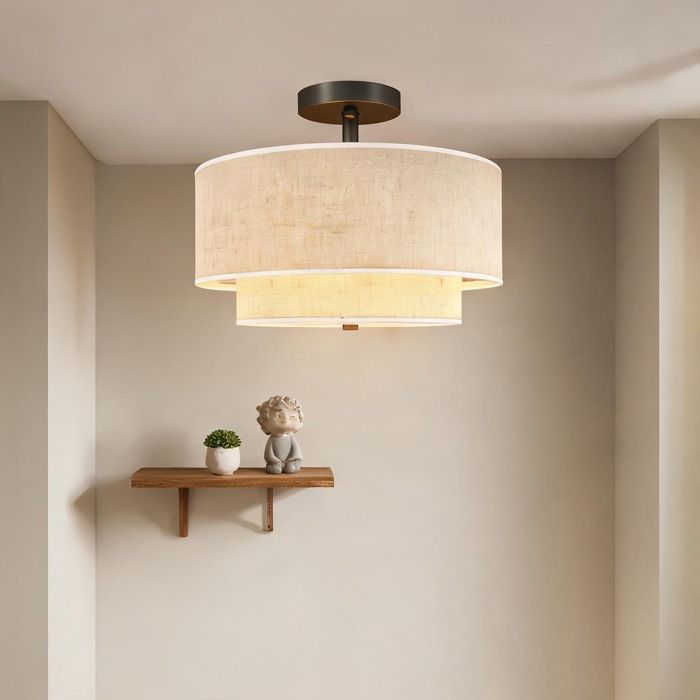 Lustre suspendu métal noir double abat-jour effet lin blanc crème 3 ampoules E14 Ø40 cm pour salle à manger