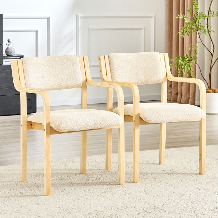 WUVRIE Chaise de salle à manger lot de 2 avec accoudoirs bois cintré tissu teddy blanc crème