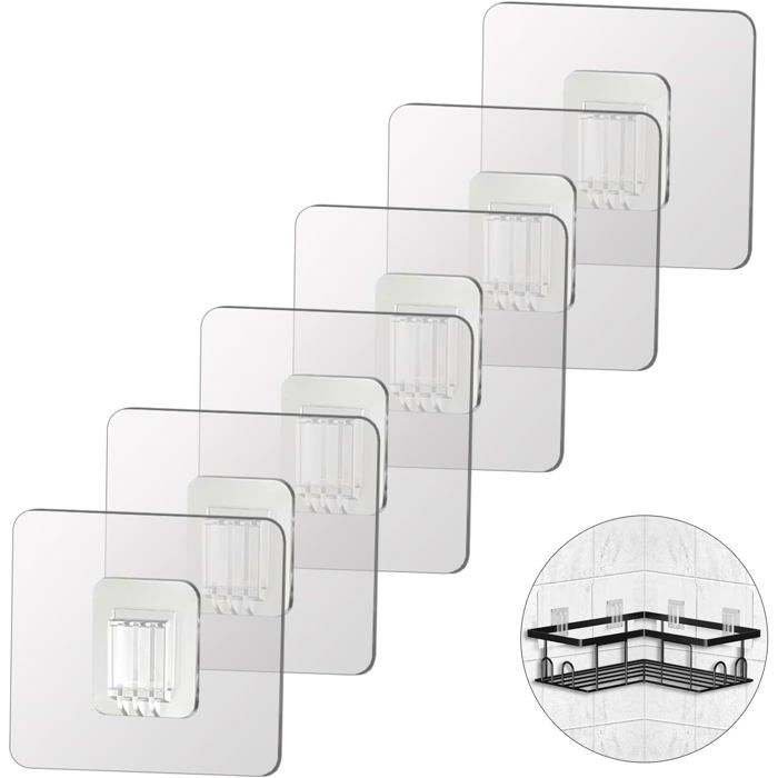 Lot de 6 crochets adhésifs de rechange pour étagère douche crochets adhésifs dangle transparents 7 x 7 cm pour salle de bain