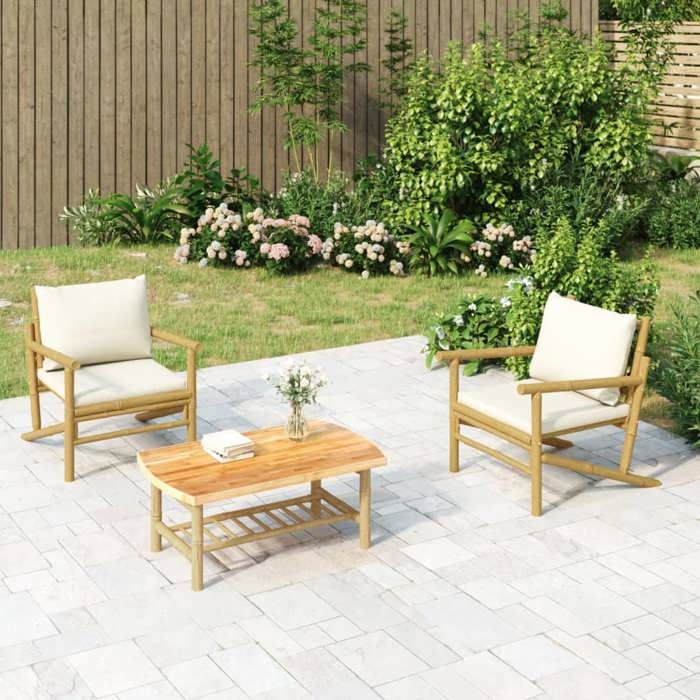 Fauteuils de jardin (par siège):110 kg (lot de 2) avec coussins blanc crème bambou - Petit canapé balcon LL2406