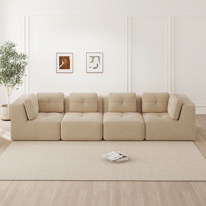 Canapé dangle - ZEVKOR - Modulable 4 places - Velours côtelé beige - Assise profonde 74 cm - Angle réversible