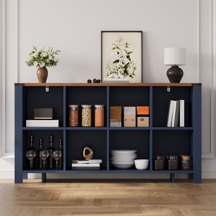 Buffet bas bleu 140 cm en MDF meuble de rangement 8 compartiments étagère horizontale salon cuisine