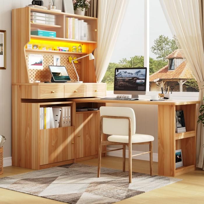 LEMLIT Meuble de Cuisine 137x74x177.7 cm cm Naturel Buffet Haut avec Bureau et Bar LED RGB 3 Tiroirs Portes Vitrées et étagères