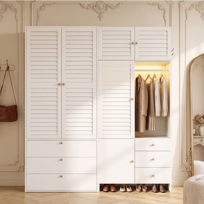 Armoire de chambre blanche 180 x 50 x 200 cm avec LED 2 tringles panier à linge et 6 tiroirs