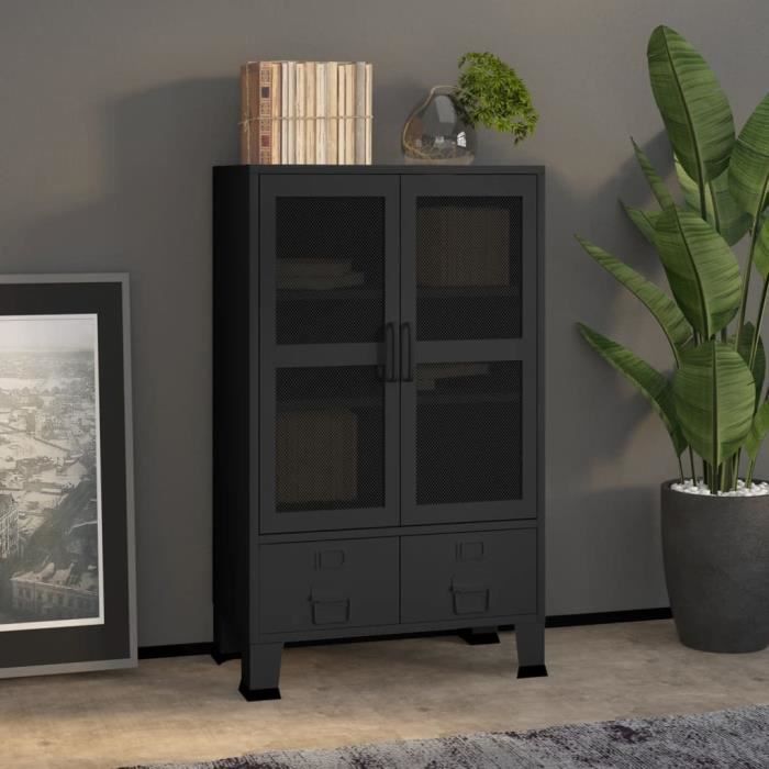 Armoire de rangement - ALOMEJOR - Métal Noir - 70x40x115 cm - 2 étagères réglables - 2 tiroirs