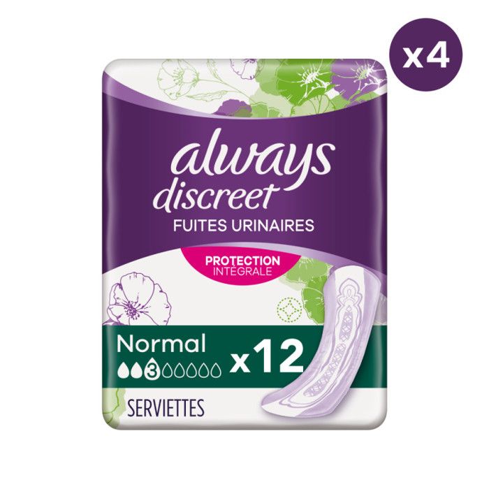 ALWAYS Discreet 48 Serviettes pour fuites urinaires Normal Lot de 4 x