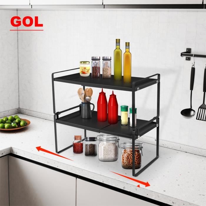 Étagères à Épices Organisateurs de Cuisine Extensible MEUBLE ETAGERE - GOL - 2 couche - Noir - Fer (métal)