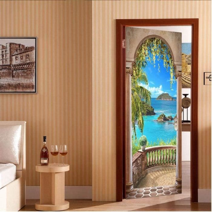 Stickers Muraux Vue Sur La Mer 3D - 90x200 Cm, Autocollants Amovibles Pour Porte Ou Mur, Facile à Poser - 9