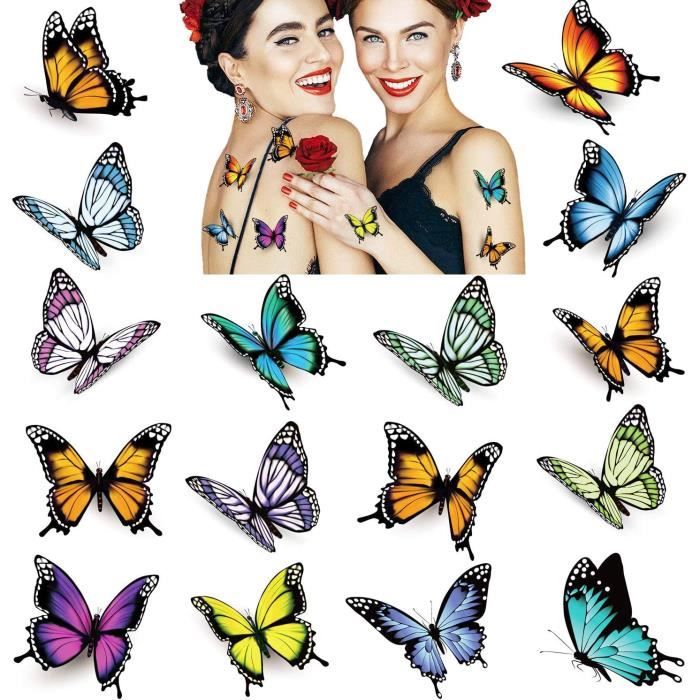 32 Tatouages Temporaires Papillons 3D Pour Femmes - Lot Multicolore - PHOGARY - Neuf Sous Blister