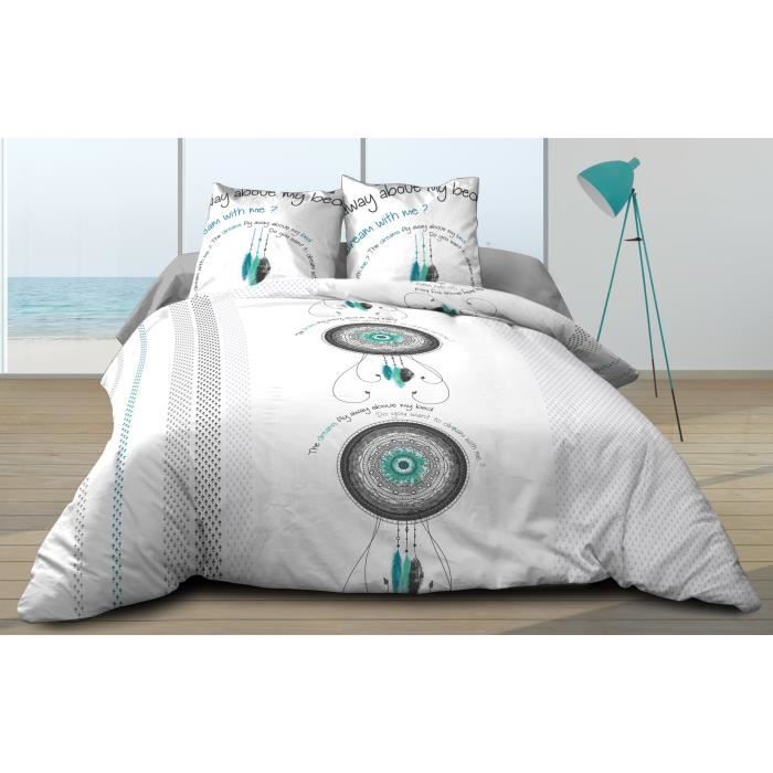 Maxi housse de couette bicolore 240X260 100/% coton 57 fils Turquoise//Taupe