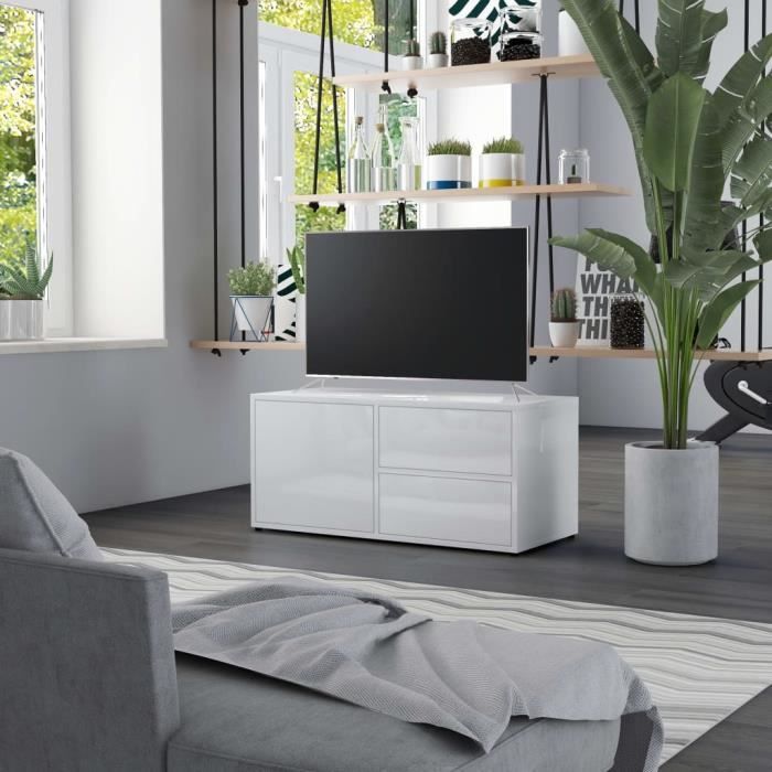 meuble tv bas scandinave contemporain - armoire salon tele table television - blanc brillant 80x34x36 cm aggloméré