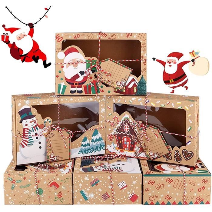 Boîtes Cadeau de Noël en Papier Kraft,12 Pcs Boîtes à cupcakes de Noël,avec fenêtre et étiquettes et corde,Boîtes à Biscuits de Noël en Papier Kraft,Boîtes à biscuits de Noël,Sac Cadeau Noël 