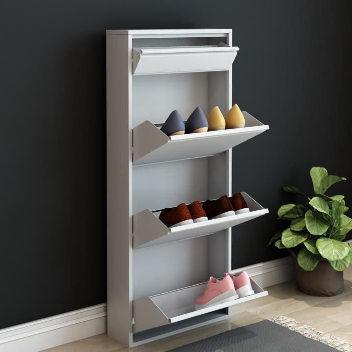 Meuble à chaussures - EN.CASA - Sokndal - 4 tiroirs inclinables - Blanc - Contemporain - Design