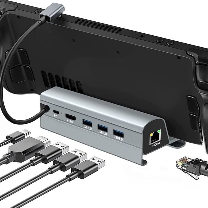 Station d'accueil Compatible avec Steam Deck 6 en 1 avec HDMI 2.0 4K @ 60 Hz,Gigabit Ethernet,3 USB 3.0 et Port USB-C PD
