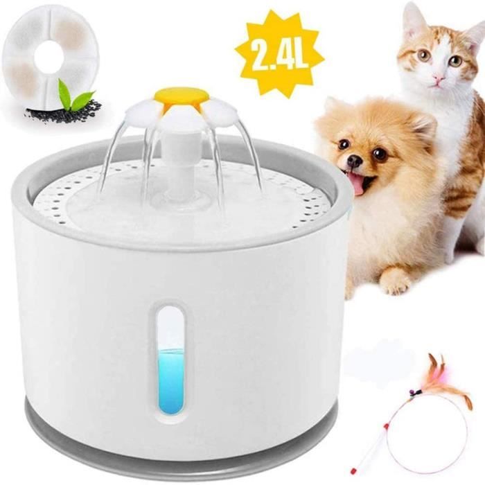 Fontaine à Eau pour Chat et Chien 2.4L avec Filtre et Lumière LED, Arrêt Automatique, Pompe Silencieuse,Blanc et Gris