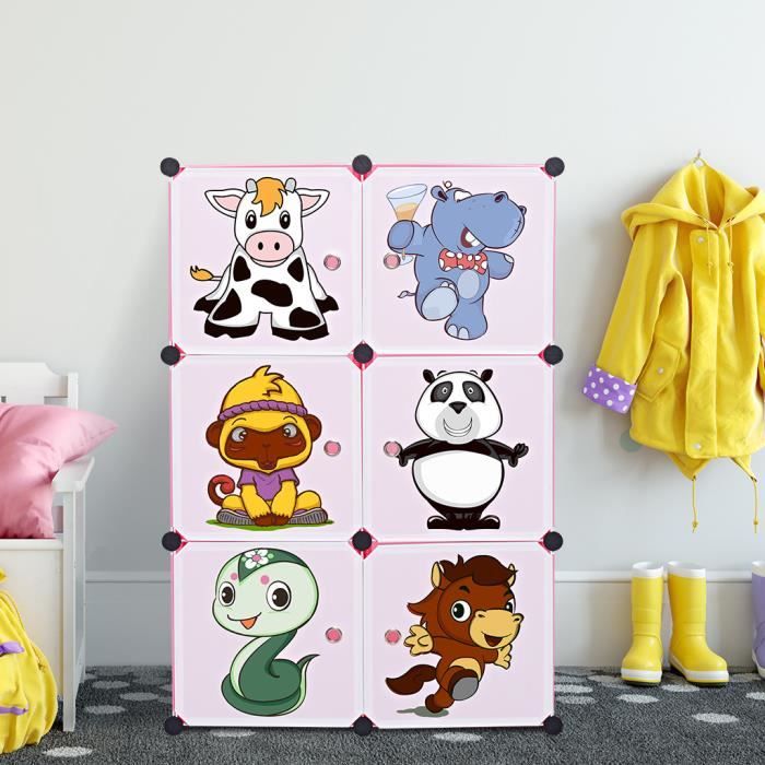 6 Cubes, Rouge LANGRIA Armoire Penderie 6 Cubes /Étag/ère DIY Modulable avec Portes avec Dessins Animaux Meuble S/éparateur de Pi/èce Rangement V/êtements Chaussures Jouets Sacs pour Chambre Enfants