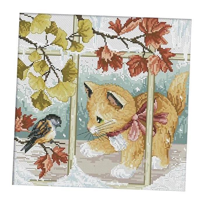 Kit de point de croix estampé Modèle avancé pour enfants débutants Chaton et oiseau