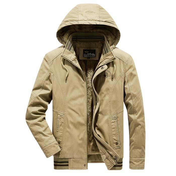 Blouson Hiver Chaud Homme en Coton Doublé Polaire Veste Zippee Militaire  Epaisse Couleur Unie