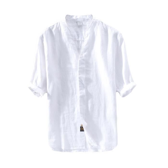 CHEMISE COL MAO BLANC COTON manche courte bouton marin Homme shirt Cambodge